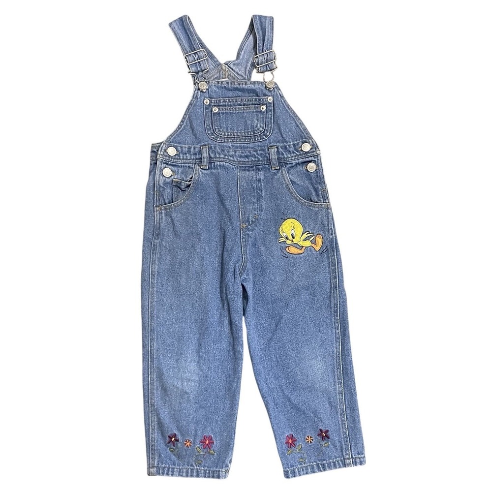 Looney Tunes Overalls Kids 4T Blue Denim Bibs Tweety Flower Bird Cartoon 90s